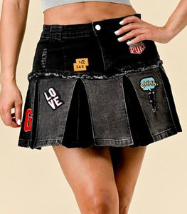 Black Denim Patch Skirt