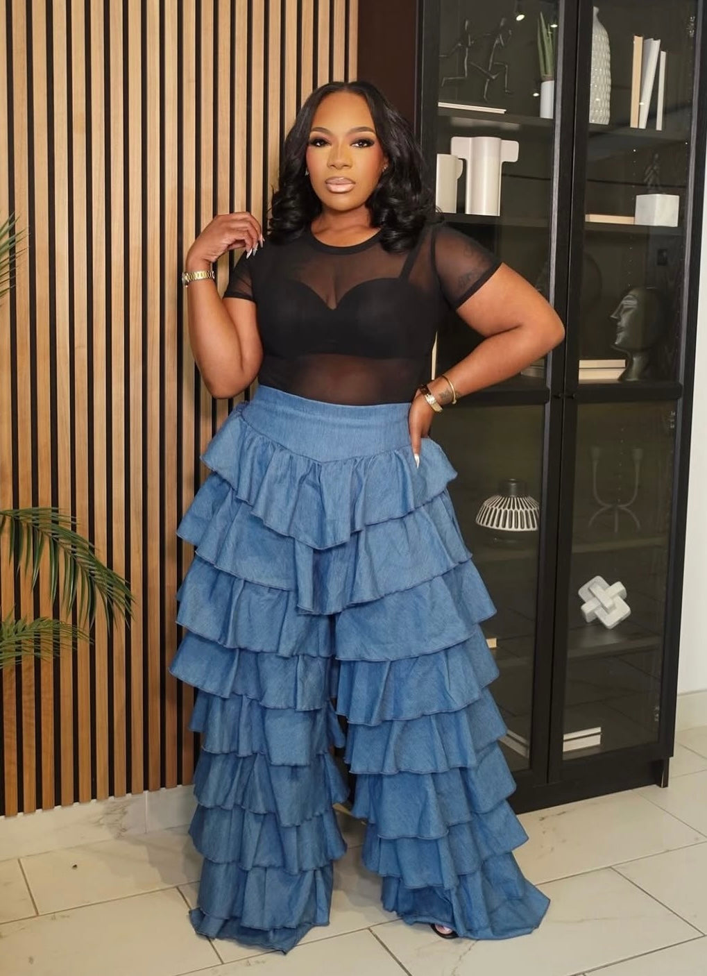 Denim Ruffle Pants