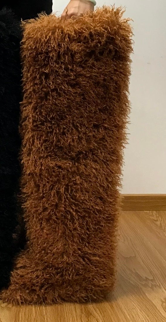 CAMEL MONGOLIAN FUR THIGH HIGH BOOTS