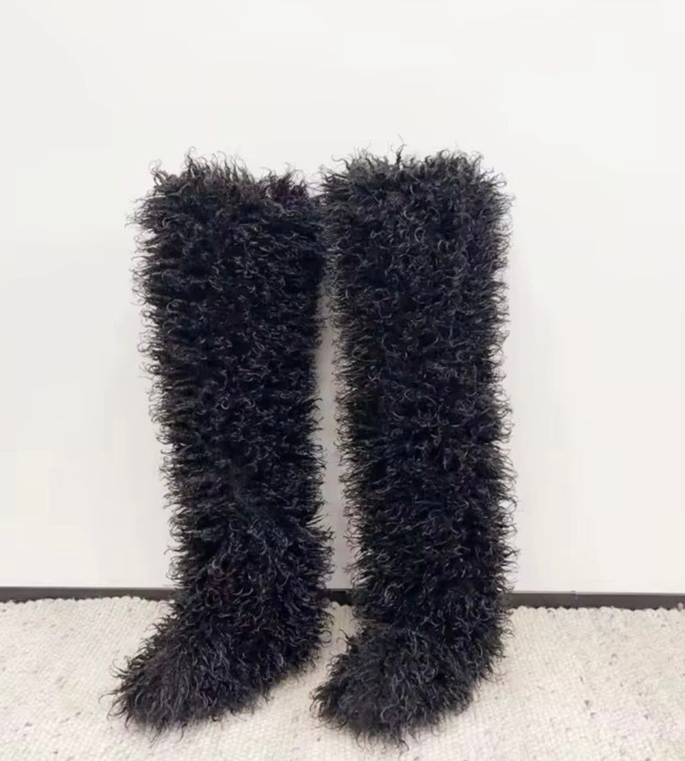 BLACK MONGOLIAN FUR THIGH HIGH BOOTS