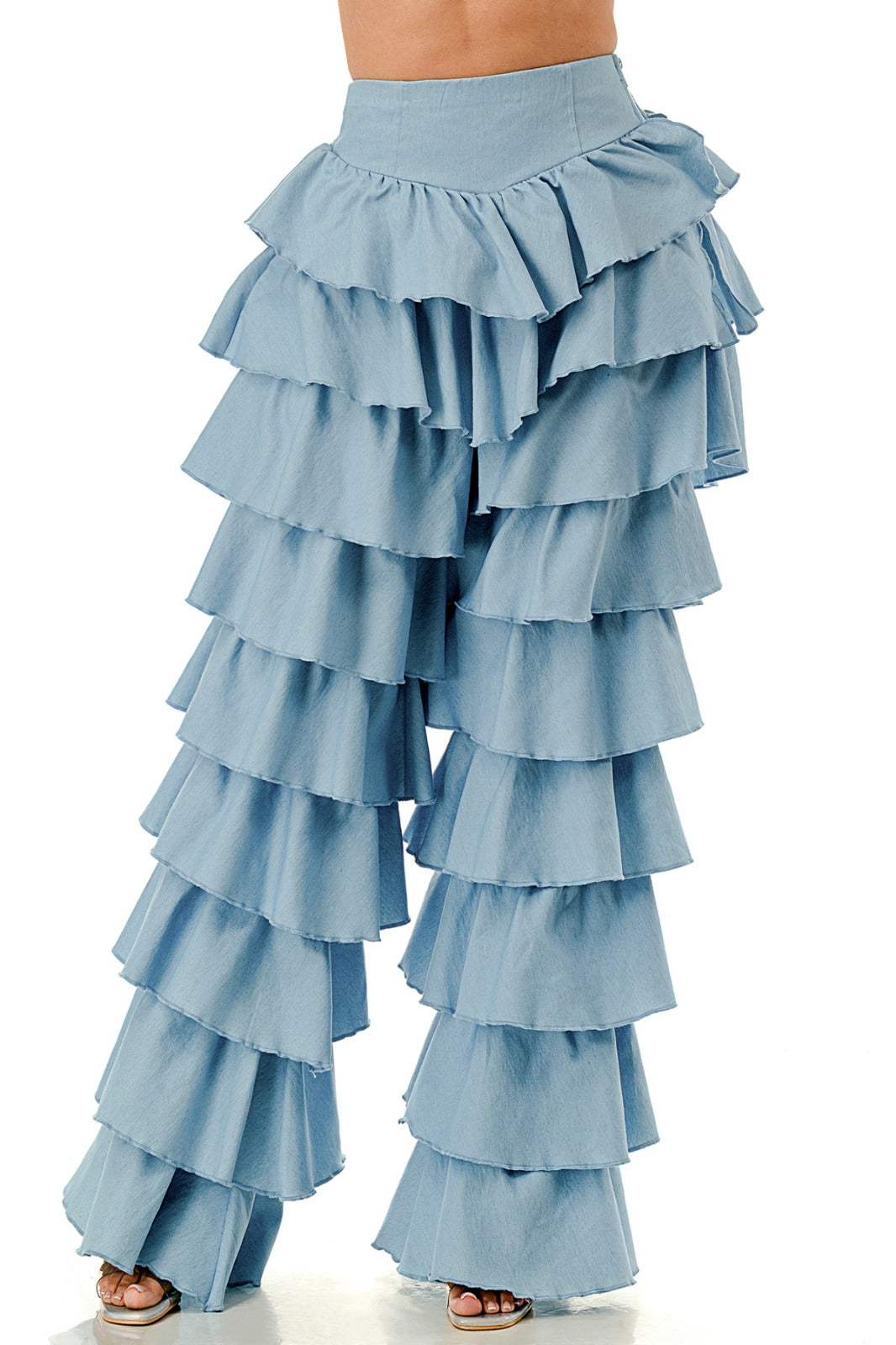 Light Denim Ruffle Pants